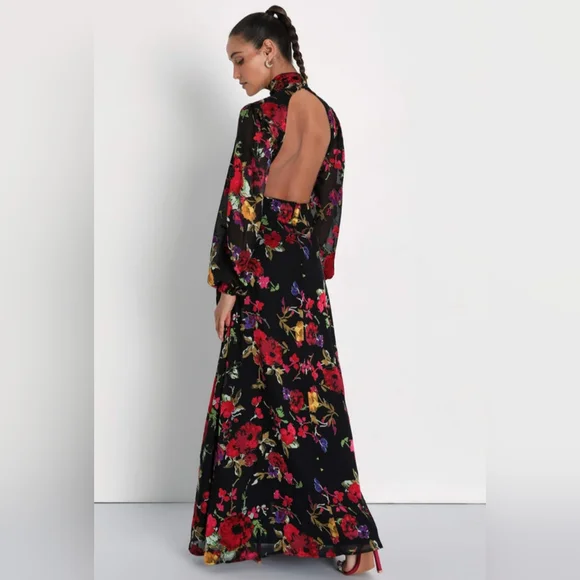 NWOT Lulu's Black Floral Burnout Backless Maxi Dress Size XL=14/16 - Picture 3 of 6